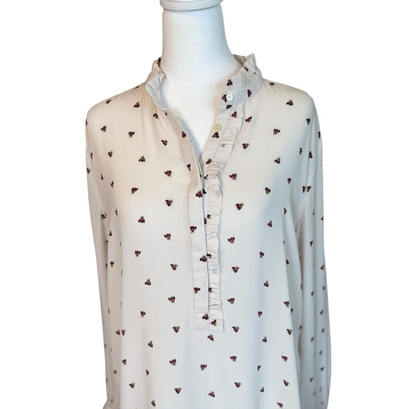 LOFT Ivory Floral 1/2 Button Popover Blouse Ruffle Trim Large Office Career Work - Picture 1 of 10